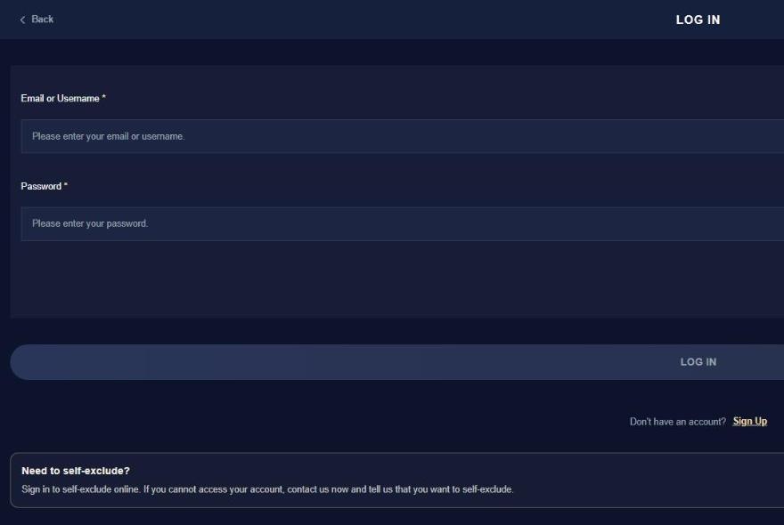 royalol login page telling players to contact it to self-exclude