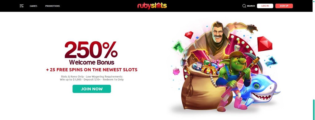 ruby slots homepage banner with low wagering and wins capped at 1000 dollars