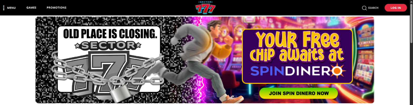 sector 777 homepage banner sending players to spin dinero