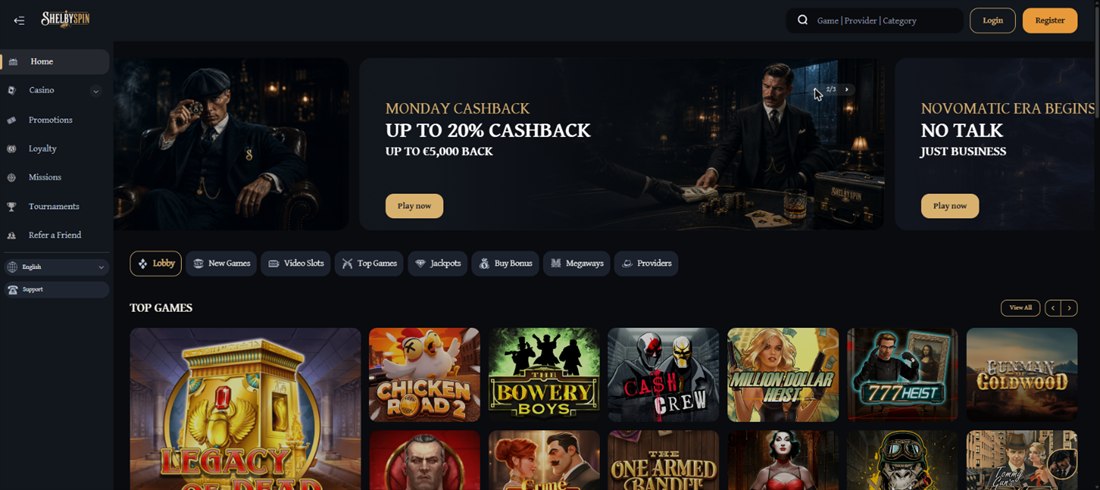 shelbyspin homepage with men in flat caps and three-piece suits above a row of gangster-themed slots