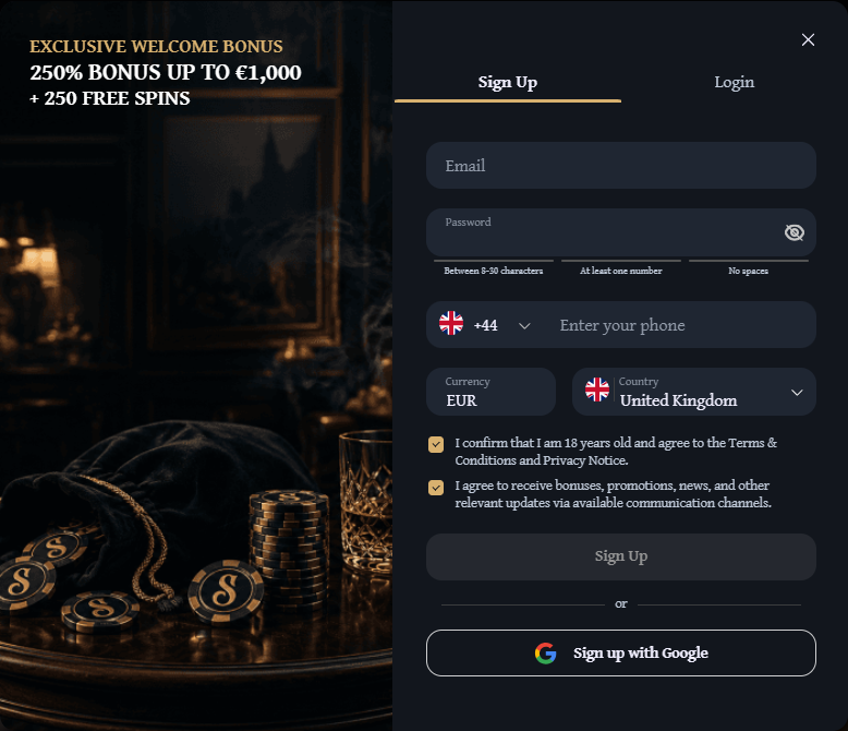 shelbyspin sign-up form with the united kingdom selected, euros as the currency and both boxes ticked