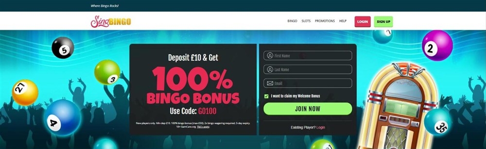sing bingo homepage with its jukebox and bingo bonus offer