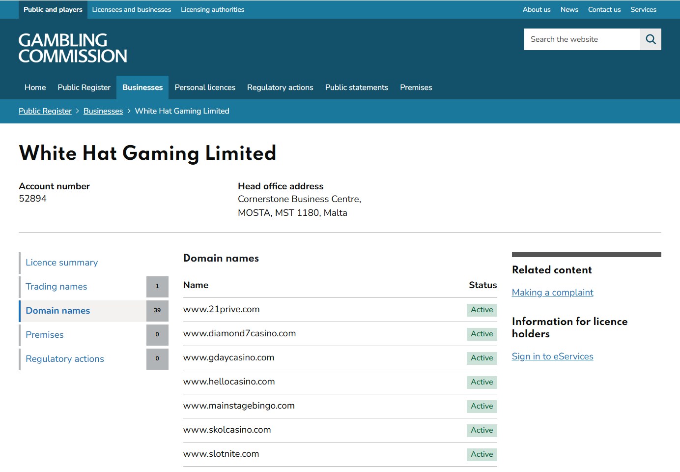gambling commission register showing skol casino among white hat gaming's active domains