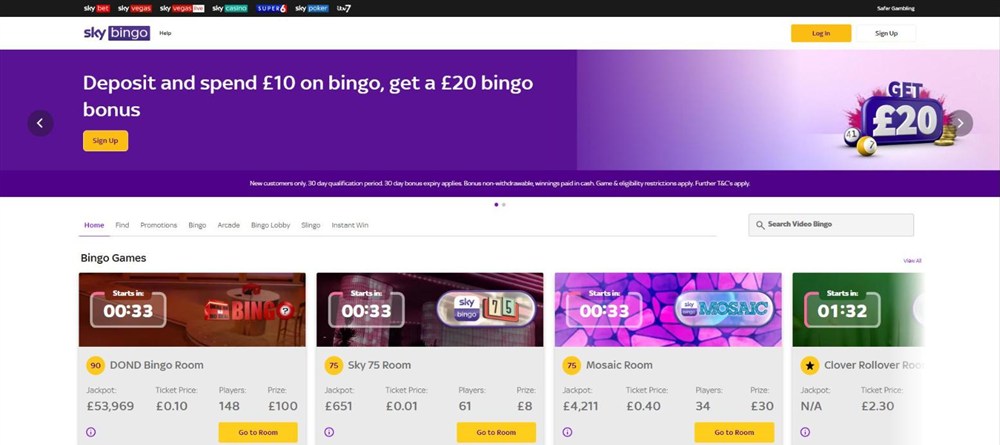 sky bingo homepage with its bingo bonus and room lobby