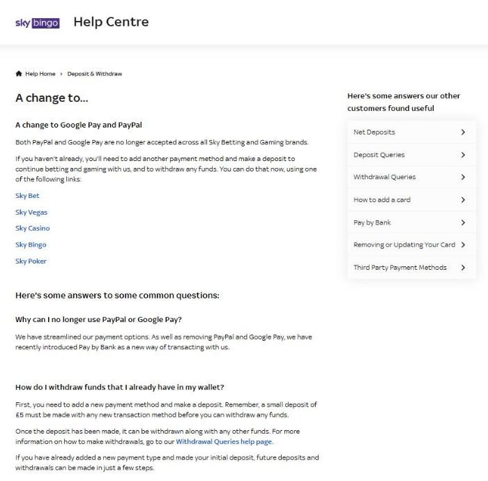 sky bingo help centre article on removing paypal and google pay