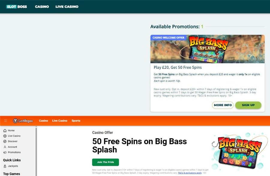 slot boss welcome offer asking 20 pounds above leovegas offering the same 50 spins for 10 pounds