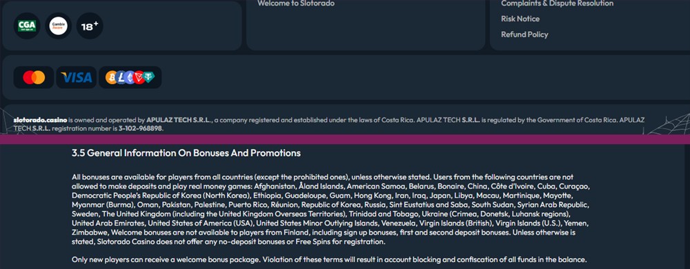 slotorado uk footer naming apulaz tech above its policy listing the united kingdom as barred