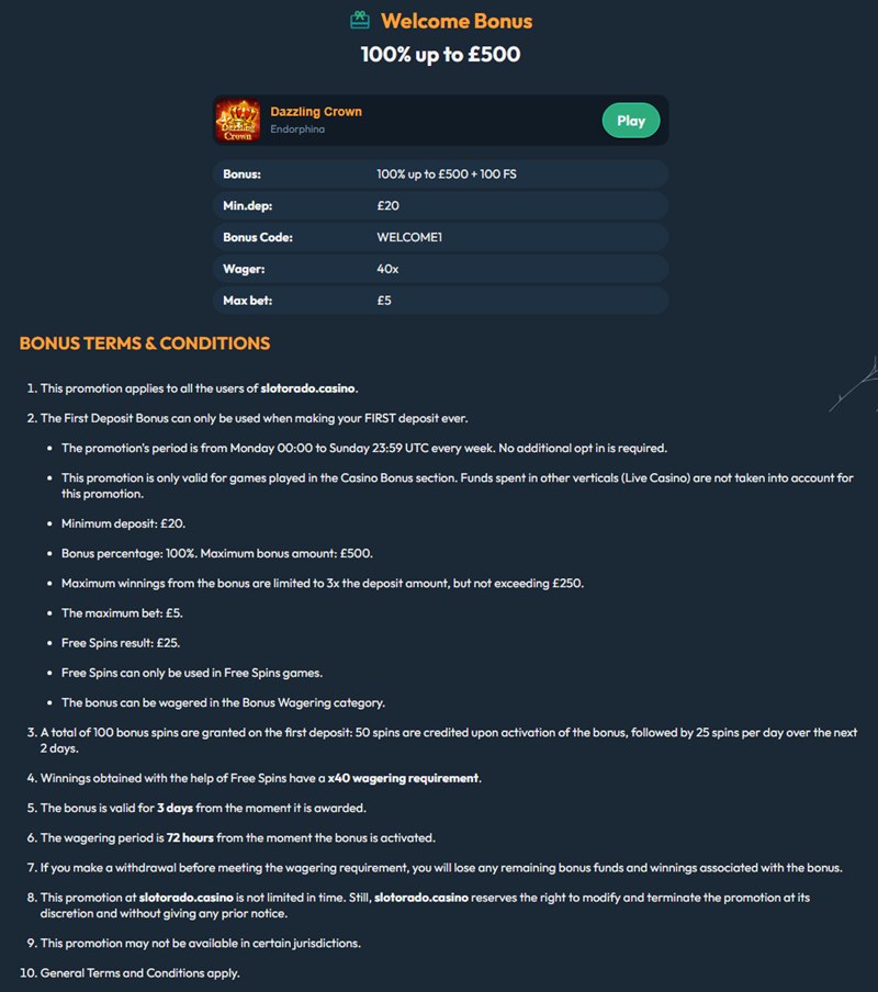 slotorado welcome bonus terms with winnings capped at 3x the deposit up to 250 pounds