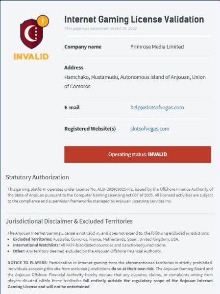 anjouan validation page for slots of vegas showing operating status invalid