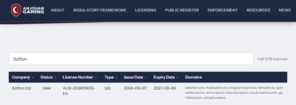 anjouan gaming register entry for softon ltd listing smash casino