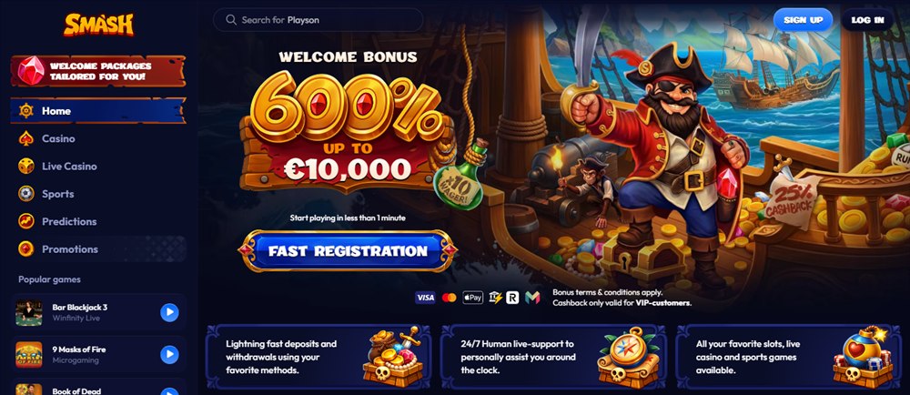 smash casino homepage with its pirate captain