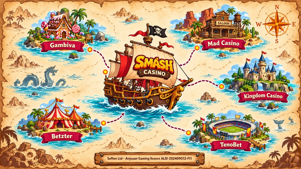 treasure map diagram of smash casino with gambiva, mad casino, kingdom casino, tenobet and betzter