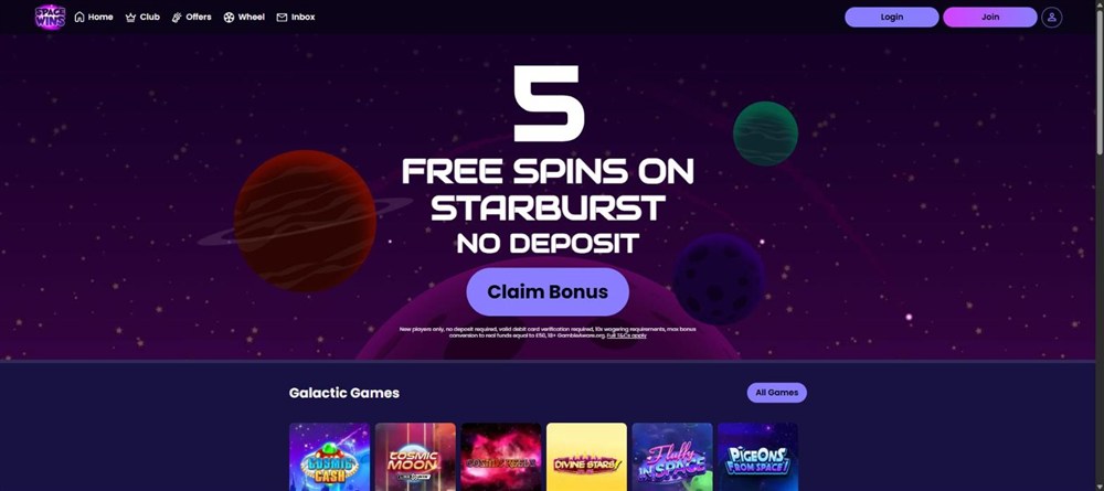 space wins homepage with planets and its no deposit offer