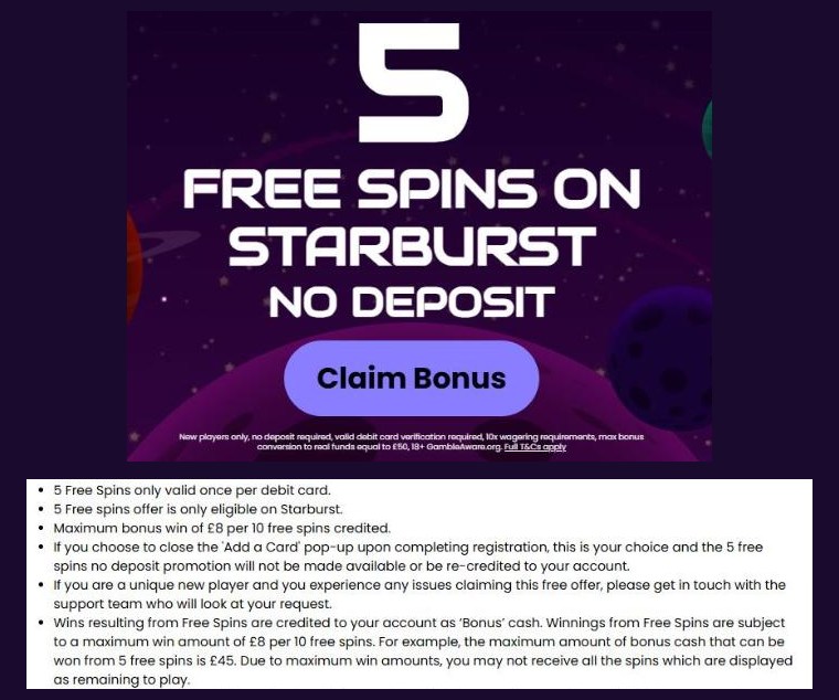 space wins five free spins on starburst above its no deposit terms