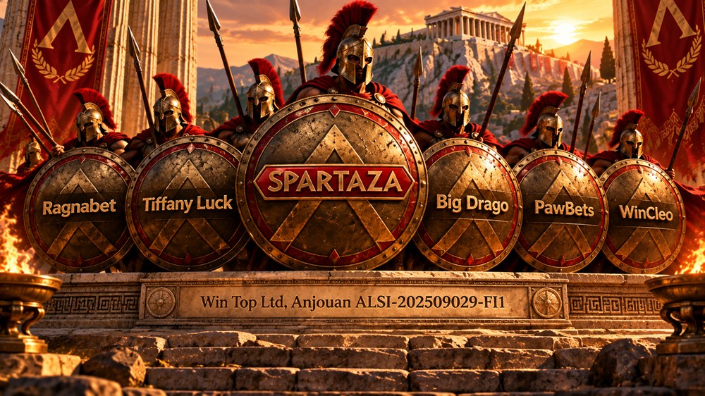 spartan shield wall diagram of spartaza with ragnabet, tiffany luck, big drago, pawbets and wincleo above a win top ltd anjouan licence plaque