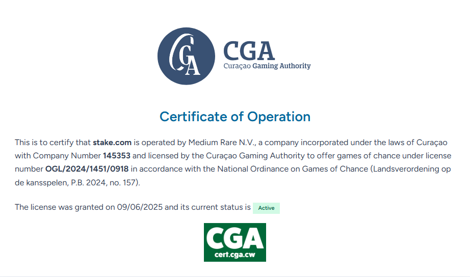 curacao gaming authority certificate for stake.com and medium rare n.v.