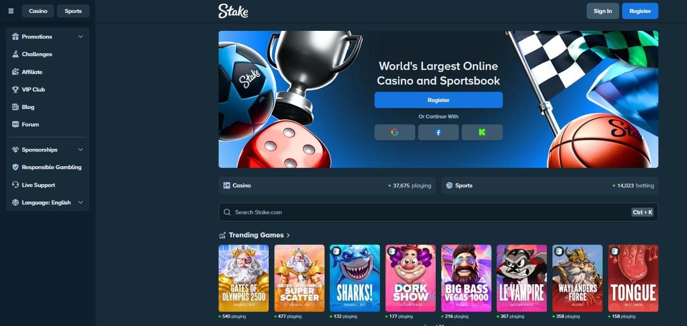 stake casino homepage with trending games
