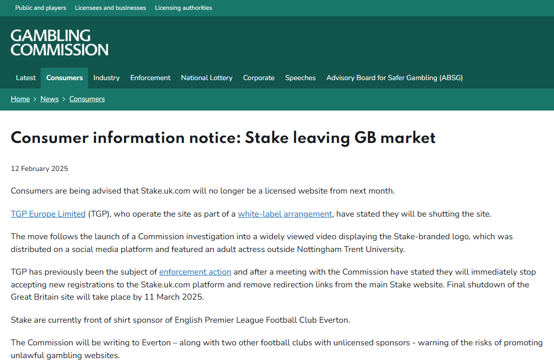 gambling commission notice of stake leaving the gb market