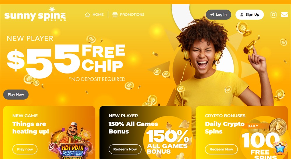 sunny spins homepage with a 55 dollar free chip offer on a yellow and orange background