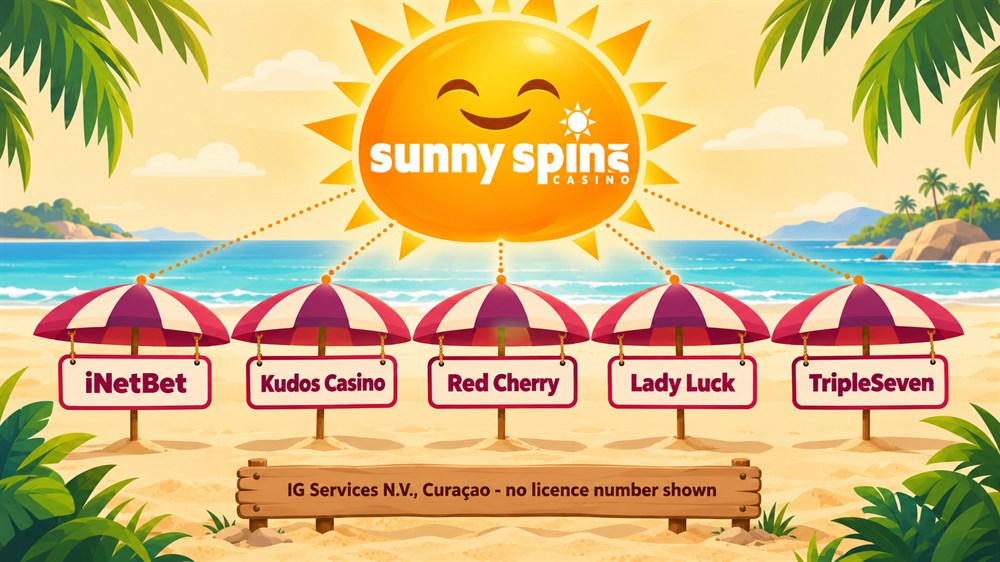 beach diagram with the sunny spins sun above parasols for inetbet, kudos casino, red cherry, lady luck and tripleseven and an ig services n.v. sign