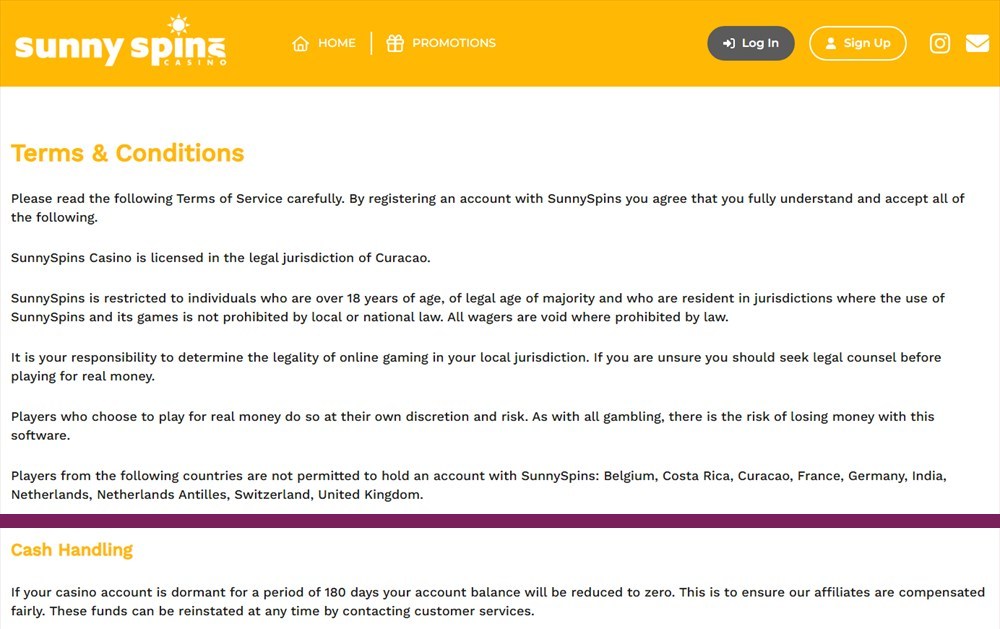 sunny spins terms listing the united kingdom among countries not permitted to hold an account, and the clause reducing dormant balances to zero