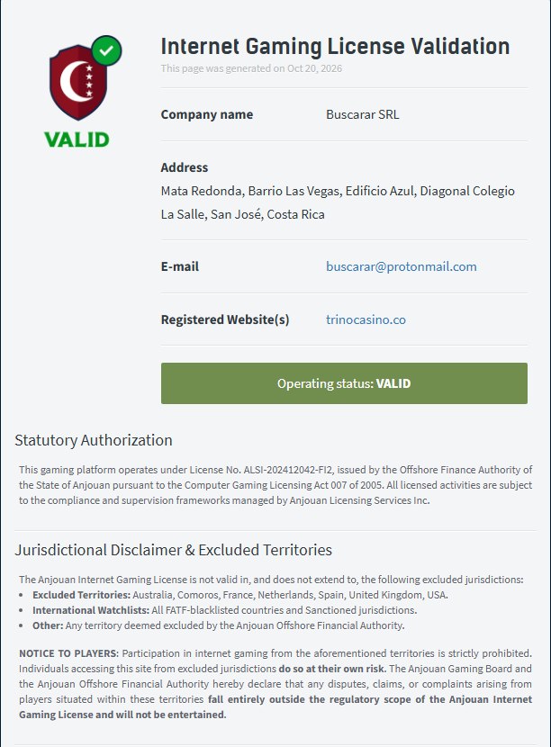 anjouan licence validation page for buscarar srl and trinocasino.co