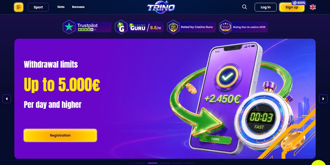 trino casino homepage promising withdrawal limits up to 5000 per day and higher