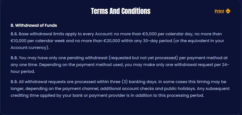 trino casino terms with base withdrawal limits and three banking days processing