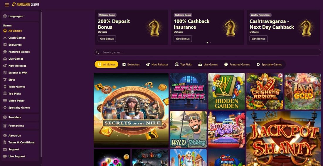vanguards casino homepage with gold chess knight promotions and games grid