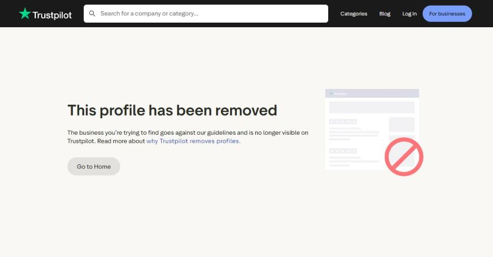 trustpilot notice that the vanguards casino profile has been removed