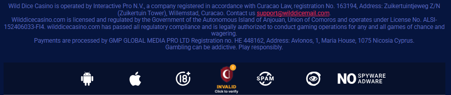 wild dice casino footer naming interactive pro n.v. beside an invalid licence seal