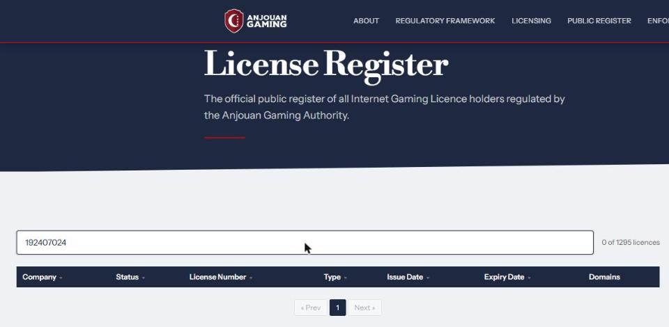 anjouan gaming licence register search for yabby casino licence number returning no results
